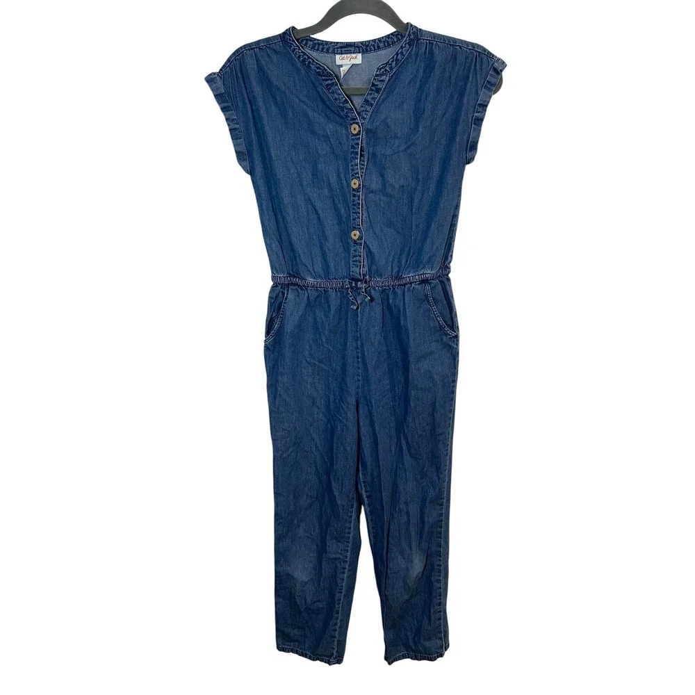 Cat & Jack Jumpsuit Denim Button Front Elastic Waist Casual Blue Girls L 10/12